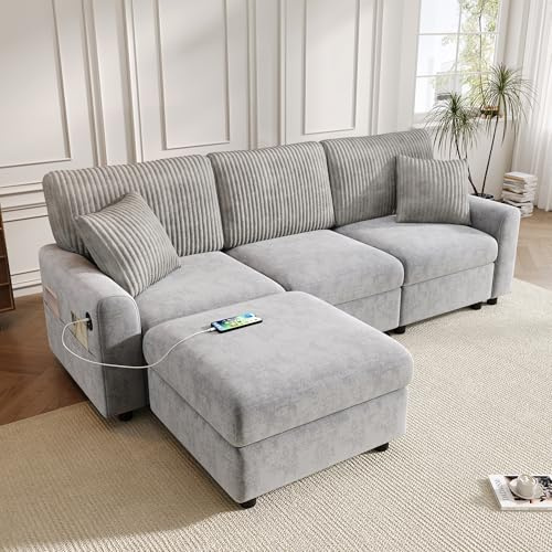 Merax Ecksofa L-Form Couch mit flexiblem Hocker, 3-Sitzer Sofa mit USB/Typ-C Anschluss & Seitentasche, Moderne Wohnlandschaft mit 2 Kissen, Polstersofa für Wohnzimmer, 223cm, Grau