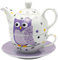Dekohelden24 Porzellan Teekannen-Set/Tea for one mit Eule in weiß/lila, 3-teilig, L/B/H 16 x 14 x 10 cm, Fassungsvermögen Kanne-Tasse 400-200 ml, 10 cm