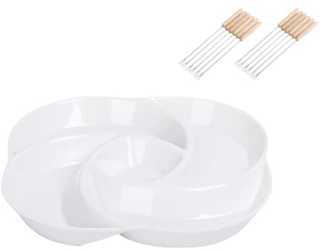 Fondueteller 4 Teiliges Set Fondue Teller Weiß mit 12 Fonduegabeln 26.5cm/10 inch