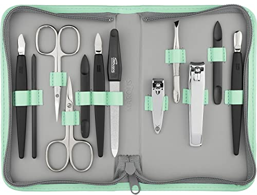 Solingen Manikür Set 12 teilig - Nagelset Herren und Damen mit allem was man für die Maniküre und Pediküre braucht, in hochwertigem Kunstleder Etui