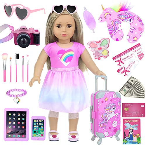 DOTVOSY 29 Pcs American 18 Inch Doll Clothes and Accessories Travel Suitcase Set Designed for 18 Dolls Including Pillow, Sunglasses, Camera, Passport, Phone, Laptop etc