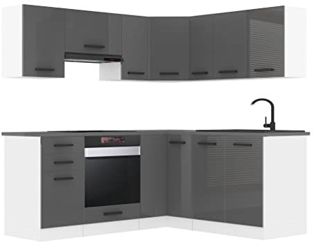 Belini Küchenzeile Küchenblock Küche L-Form Sarah Küchenmöbel mit Griffe, Einbauküche ohne Elektrogeräten mit Hängeschränke und Unterschränke, mit Arbeitsplatten, Silber Hochglanz