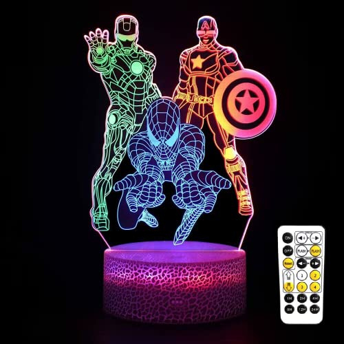 Spiderman Spielzeug, Superheld 3D Nachtlicht für Jungen mit Timing Fernbedienung Smart Touch, Dynamische Farbwechsel Dimmbar 3 Mustern Kinder-Spielzeug Lampe für Iron Man, Captain America Geschenke