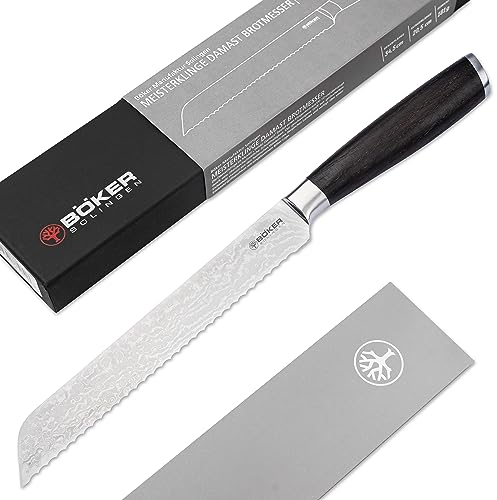 Böker SOLINGEN® Meisterklinge Damast Brotmesser mit Wellenschliff - extrem scharfes Brot- und Brötchen-Messer 20 cm mit Räucher-Eiche Holzgriff in Geschenk-Box
