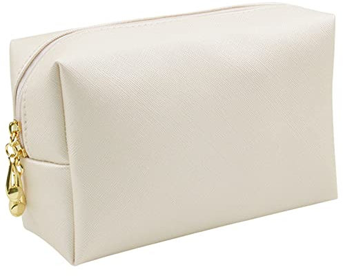 Ogetok Small Leather Makeup Bag Pouch Mini Cosmetic Bags for Women Ladies, Waterproof Travel Toiletry Organizer Bag Zipper Make Up Storage Pouch Handbags Purses for Girls (White Gold)