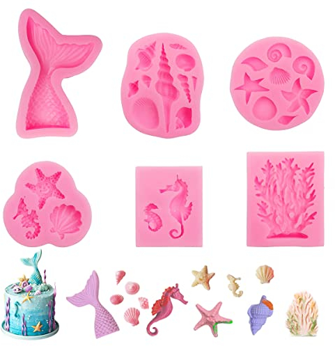 6 Stück Silikonform Meerjungfrau Fondantform, 3D Ozean Tier Fondant Formen Silikon Meerjungfrau Silikonform Muschel Schwanzform Backformen, für Kuchen, Schokolade, Süßigkeiten Ice Jelly, Rosa