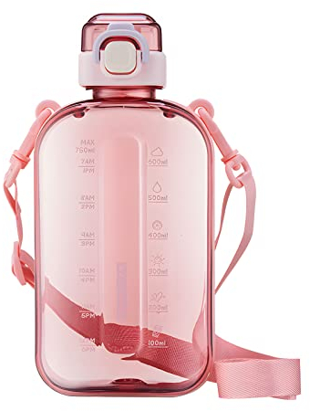 SEASEVEN Flat Water Bottle 750ML,Plastic Drinks Bottle,Sports Water Bottles with Time Markings,Girls Boys Waterbottle Leak-Proof & Bpa-Free for Gym,Cycling, Office, Outdoor(Flat Pink)