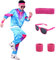 Alaiyaky 80er 90er Jahre Outfit Herren Damen, 80er Trainingsanzug mit Jacke Hose Schweißbänder Sonnenbrille, 90er 80er Jahre Kleidung Bad Taste Outfit für Karneval Halloween Paare (Blau, L)