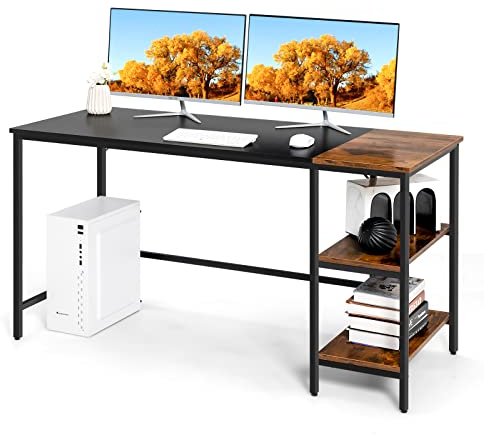 LIFEZEAL Table de Bureau avec 4 Étagères de Rangement, Bureau d'Ordinateur en Bois et Acier, Poste de Travail pour Chambre et Bureau, Style Industriel, 140 x 60 x 74 CM (Noir)