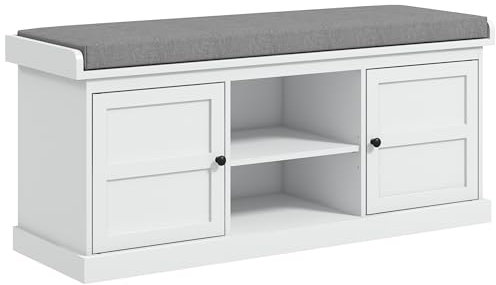 HOMCOM Shoe Bench with Seat, Shoe Storage Bench with Cushion, 2 Cabinets and Adjustable Shelf for Entryway, Hallway, Living Room, Bedroom, White