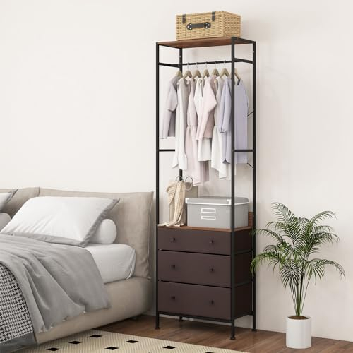 COSTWAY Garderobenständer mit 3 Schubladen, Garderobe mit Hängestange & Ablagefächern, Kleiderständer freistehend, Flurgarderobe industriell für Flur & Schlafzimmer, 55 x 28 x 176 cm (braun)