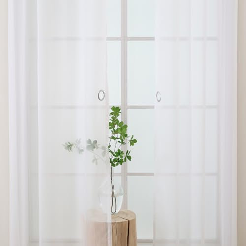 L.Z.E White Voile Curtains for Living Room, 84 Inch Drop Sheer White Curtains & Drapes for Bedroom, 213 cm Long, Transparent Voile Window Sheers with Tiebacks Eyelet, 2 Panels Set