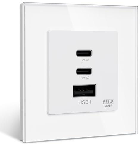 BSEED Chargeur USB Encastrée, Chargeur GaN 65W avec 2 x USB C/1 x USB A Chargeur USB pour Appareils Électroniques/Smartphones/Tablettes, Prise Murale, Blanc