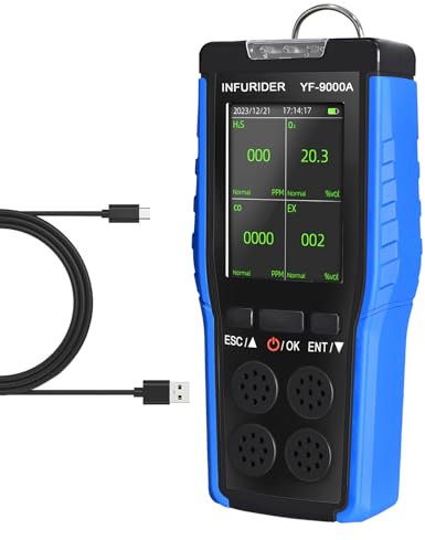 INFURIDER Gasmelder, H2S, CO, O2, LEL Messgerät, 4 in 1 Gas Monitor, Gas lecksuchspray mit LCD-Echtzeitanzeige, Gaslecksuchgerät Brennbarer Gase