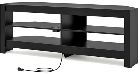 GYMAX Eck TV-Ständer mit Steckdose & 4 offenen Ablagefächern, TV-Schrank, Lowboard für Fernseher bis 65 Zoll, Fernsehschrank, Fernsehtisch für Wohnzimmer & Schlafzimmer (Schwarz)