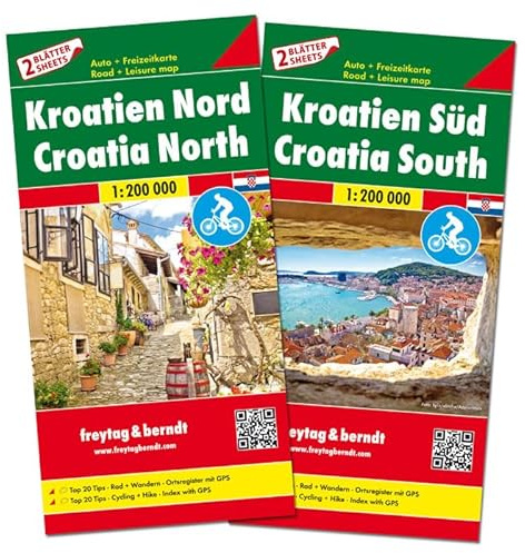 Kroatien Nord und Süd, Autokarten Set 1:200.000: 2 Blätter + Freizeitführer in Kunststoff-Hülle