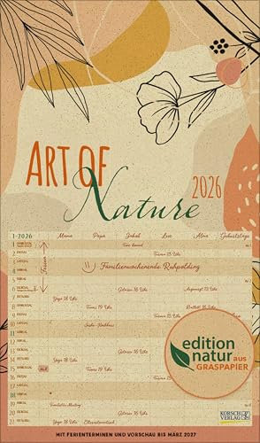 Familienplaner Art of Nature aus Graspapier 2026: Nachhaltiger Familienkalender mit 6 breiten Spalten. Mit Ferienterminen, extra Spalte. 27 x 46 cm