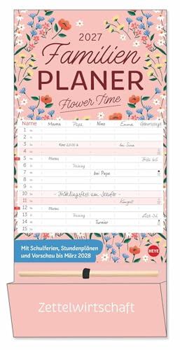 Deko-Familienplaner mit Tasche Flower Time 2027: Familienkalender mit 5 Spalten und Blumen-Motiven. Organisationshilfe mit Stift und Zetteltasche im Format 21 x 45 cm