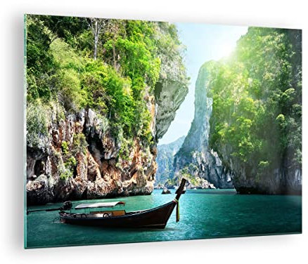 Moderne Impression sur Verre Bateau falaises nature rochers Image Tableau en Verre Decoration Murale 70x50cm Deco Cadre Salon Chambre Horizontal Petit Tableaux Decoratifs Muraux Art GAA70x50-2787