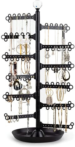 All Hung Up:12-Tier 17.5 Large Capacity Jewelry Holder ~ Earrings (120 holes-stud/dangly) Necklaces Rings ~ Display Stand Tower Tabletop Tree Rack Storage Organizer - Accessory Tray Base Dish - Black