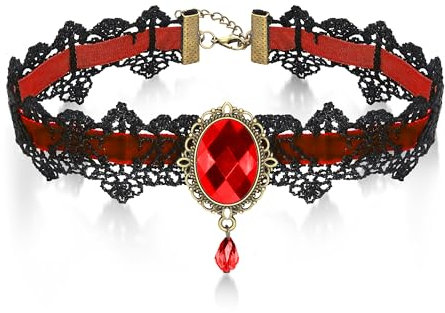 AILUOR Gotisch Kropfband Schwarz Spitze Kropfband, Punk Rock Vampir Zubehör Gothic Retro Lolita Perlen Hochzeit Party Handmade Gothic Schmuck für Frauen Halloween Halskette (Rot)