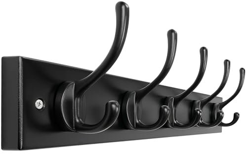 Dseap Coat Rack Wall Mounted with 5 Hooks, Scandi-Style Wooden Coat Hook Rail, Coat Hanger Wall Mount, for Hanging Coats Hats Towels Jackets Clothes, Black