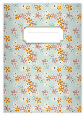 2 Elegante Vintage DIN A5 Schulhefte, Schreibhefte mit klassischen Retro Streublumen, hellblau Lineatur 6 (blanko Heft 16 Blatt/32 Seiten) Notizheft, Kladde für Schule, Uni, Büro