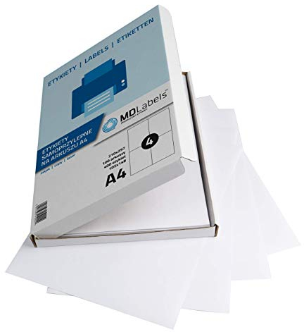 MDlabels Universal Etiketten DIN A4-105x148mm, 400 Etiketten- Mattes Papier Klebeetiketten– bedruckbare - Weiß- Versandetiketten selbstklebend