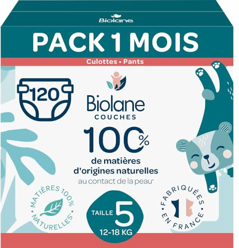 BIOLANE - Couches culottes - Taille 5 (12-18kg) - Zéro fuite pendant 12h - Pack 1 mois - 120 Couches Pants - Fabriquées en France