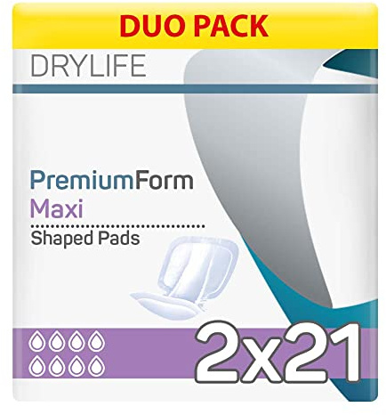 Drylife Premium Form Unisex Incontinence Shaped Pads | Dry Feel Technology, Anti-Leakage Cuffs, Odour Control & 100% Breathable Cotton Material - Maxi (2 Packs of 21), White