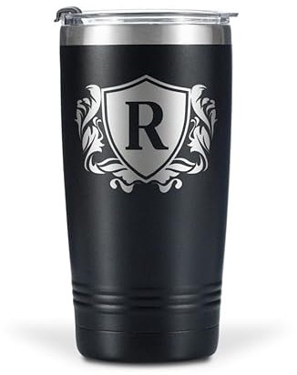 Onebttl Personalised Gifts for Men with Initials, Custom Coffee Cups, Monogrammed Travel Tumbler for Him, Unique Birthday Christmas Gifts for Men who Have Everything, Black, 590 ml, R