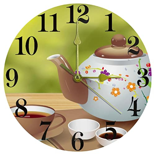 Tea Teapot and Cup Wall Clock, 10 Inch Silent Non Ticking Quartz Battery Operated Round Wall Clocks Home/Kitchen/Office/School Clock