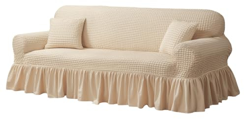 NAKIHOUSE Sofa Überwürfe Sofabezug 3 Sitzer Elastischer Beige Couchbezug Sofahusse Antirutsch Sofabezüge Sofa Abdeckung Stretch Couch Überzug Sofa Hussen mit 1 Kissenbezug