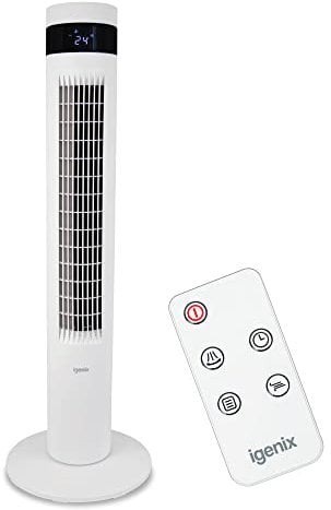 Igenix IGFD6035W Oscillating Digital Tower Fan, 35 Inch, Remote Control, 12 Hour Timer, 3 wind speed settings, Touch button control, Floor Standing for Home & Office, White
