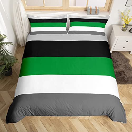 Homewish Green Gray Duvet Cover Set with 2 Pillowcases - Double Size, 100% Soft & Breathable Polyester, Zip Closure - Patchwork Geometric Striped Bedding - Modern Simple Pattern with Black Reverse