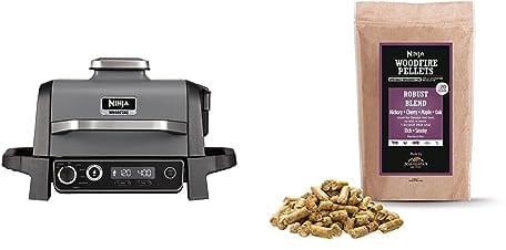 Bundle of Ninja OG701UK Woodfire Electric BBQ Grill & Smoker, 7-in-1 Outdoor Grill & Air Fryer + Ninja Woodfire Pellets [XSKOGRBLPL2UK], Robust Blend 900g Bag