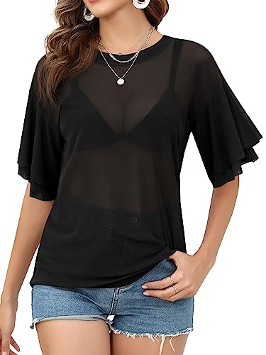 Missufe Bell Sleeve Sheer T-Shirt Tops Damen Halbarm Mesh Loose Casual Tops (Schwarz, Groß)