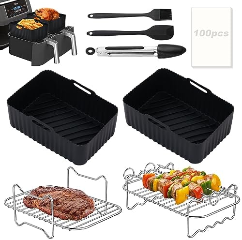 Ainiv Silicone Air Fryer Liners, Set of 8 Air Fryer Accessories Compatible with Ninja Dual AF300UK AF400UK & Tower T17088, Reusable Air Fryer Liners & Air Fryer Racks & Paper Lining etc Accessories