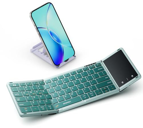 Seenda Foldable Bluetooth Keyboard with Touchpad, Foldable Wireless Keyboard with Holder, Rechargeable Portable Travel Keyboard for iOS Android Windows iPad Smartphone Tablet Laptop