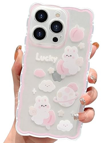 HZLFCZL Compatible with iPhone 15 Pro Max Case Cute Clear Cartoon Planet Peach Rabbit Pattern Design Women Girls Aesthetic Kawaii Slim Soft TPU Transparent Phone Case for iPhone 15 Pro Max-Light Pink