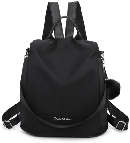 OLIVIA WONG Mochila antirrobo Impermeable para mujer (13L)| Mochila Convertible en bolso con pompom y Asa desmontable de adorno - Negro