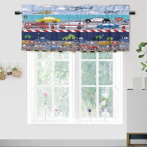 COALHO Kinder Jungen Bau Cartoon Bunte Autos Isolierte Kurze Vorhänge Fensterbehandlungen, Bulldozer Traktor LKW Flugzeug Für Wohnzimmer, Schlafzimmer, Badezimmer 138L x 46W cm (1 Stück)