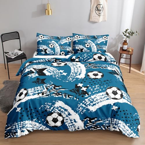 HOSIMA Jungen- und Mädchen-Fußball-Bettwäsche-Set, Blauer, modischer, Cooler Graffiti-Cartoon-Fußball-Druck, Bettbezug mit 2 Kissenbezügen(Fußball1 S)