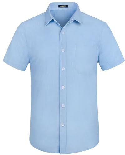 HISDERN Mens Short Sleeve Shirts Blue Linen Shirts for Men Casual Button Down Solid Color Shirt Lightweight Summer Beach Shirt with Pocke Regular Fit L