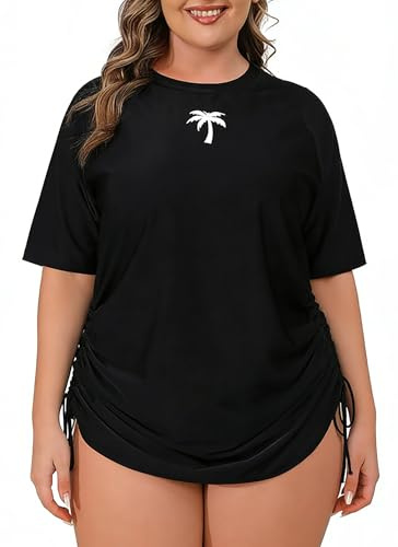 Halcurt Women's Plus Size Short Sleeve Rash Guard Ruched Side Drawstring Adjustable Swim Shirt UPF50 Quick Dry Swimsuit Top