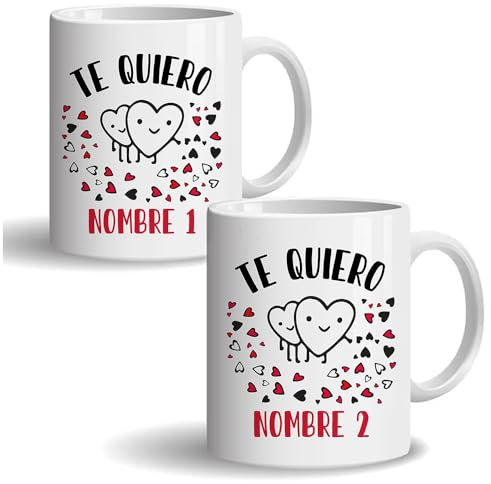 EtiHome pack de dos tazas de cerámica con diseño de corazones y dos nombre personalizado. Un regalo único y creativo para sorprender a tu pareja. 33cl.