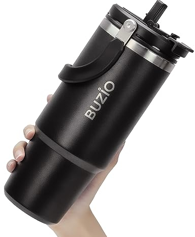 BUZIO 40oz Travel Mug with Straw and Handle - Coffee Travel Mug - Stainless Steel Water Bottle - Tumbler with 2-in-1 Lid and Straw - 100% BPA-Free - Car Coffee Cup Black