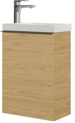 Bernstein Waschbecken mit Unterschrank Kleines Badmöbel-Set Lavoa 40 cm in Eiche, Griffe in Anthrazit, Waschtisch mit Schrank - 5 Jahre Garantie - Gästebad Gäste-WC mit Tür
