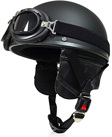Retro Motorradhelm Open Face Helm ECE-Zulassung Halbhelm mit Brille Vintage Halbschalenhelm Deutsche Braincap Jethelm Rollerhelm Für Damen Und Herren 1,M