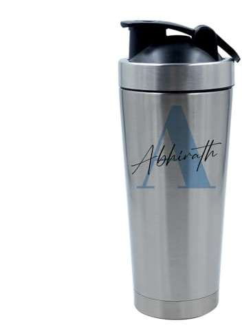 Getagift Personalised Initial with Name Bottle, Alphabet Theme, Marble Design, 500ml Aluminium Shaker Bottle for Supplement Shakes - Easy Clean, Durable Cup. (Silver)